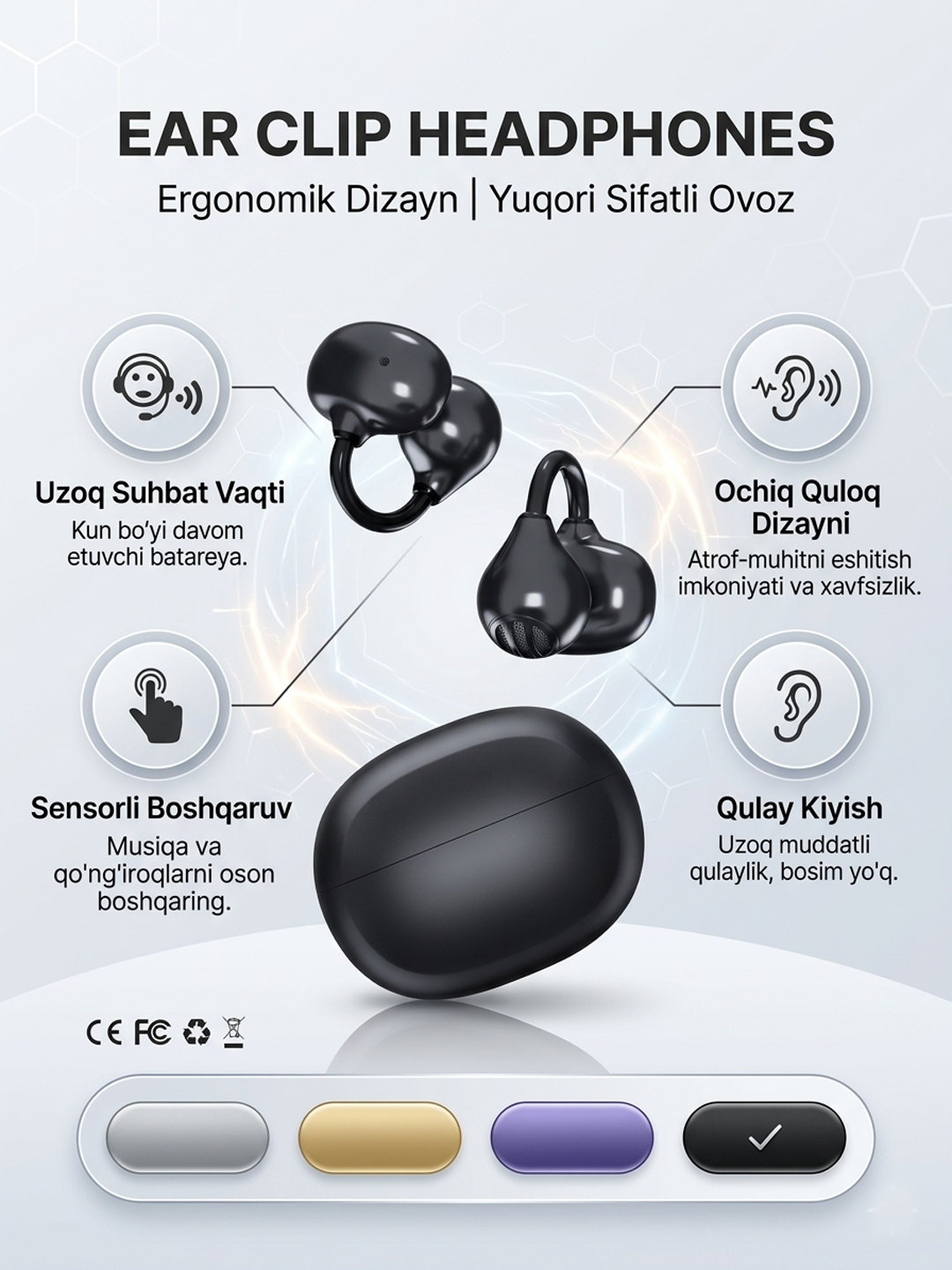Беспроводные наушники Ear Clip, дизайн Open-Ear, Bluetooth 5.3, удобная посадка - 