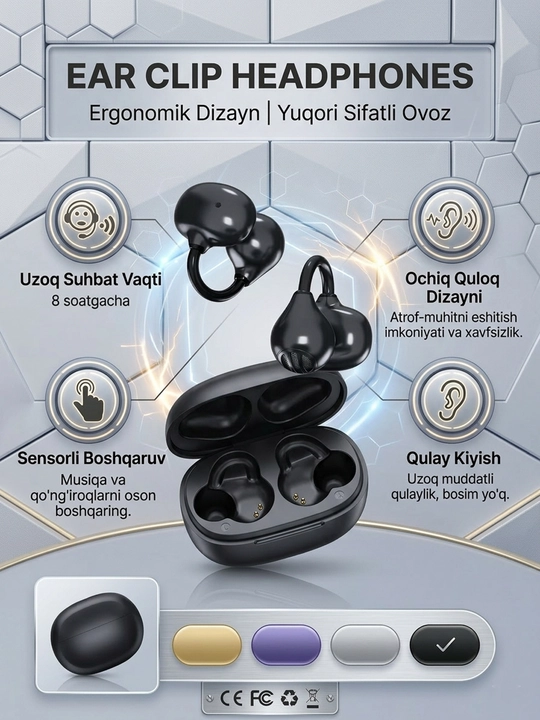 Ear Clip simsiz naushniklari, Open-Ear dizayn, Bluetooth 5.3, sensorli boshqaruv