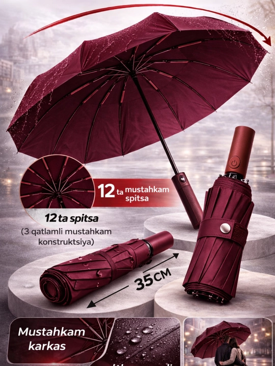 Zontik avtomat, shamolga chidamli, ikki qavatli, 12 juft spitsali, qora, bordoviy