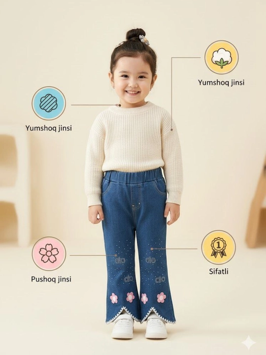 Qizaloqlar uchun keng,bezakli jinsi shimlar - 