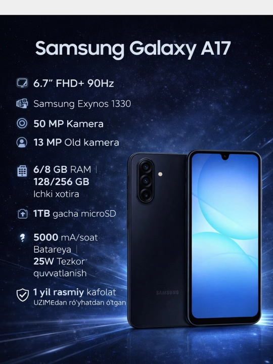Samsung Galaxy A17, 6.7" AMOLED 90 Gts, 50 MP, 5000 mA·soat, 25 Vt, uzimedan o'tgan