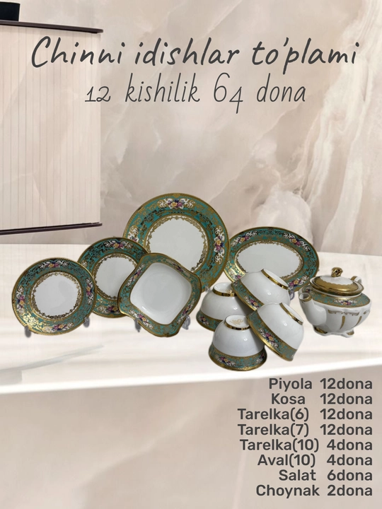 Chinni idishlar to‘plami 64 dona, 12 kishilik, servis to‘plami - 