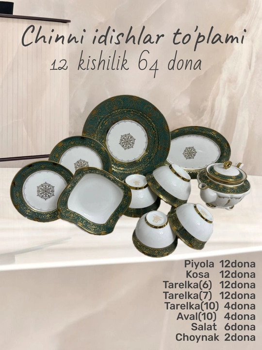 Chinni idishlar to‘plami 64 dona, 12 kishilik, servis to‘plami - 