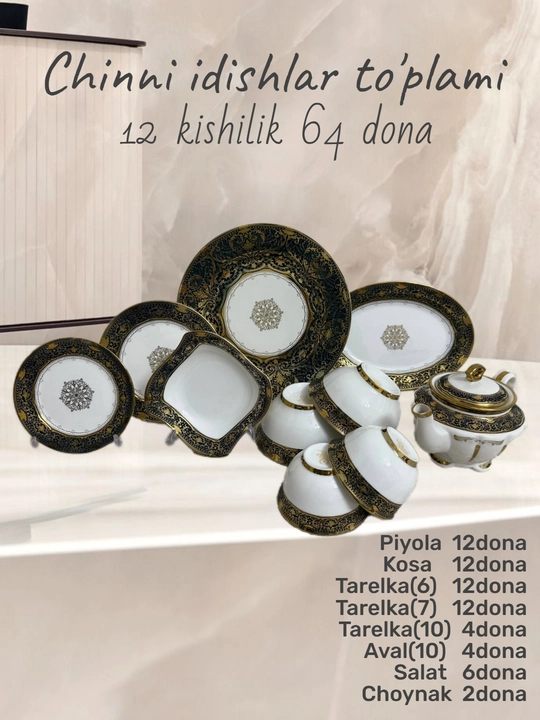 Chinni idishlar to‘plami 64 dona, 12 kishilik, servis to‘plami - 