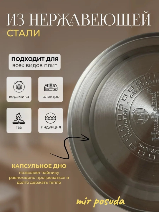 Чайник Haus Roland 3.0L. Подходит для всех типов плит, матовая поверхность