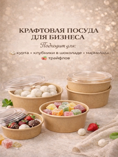 Крафтовый контейнер 500 мл с крышкой, упаковка для десертов, трайфлов и еды