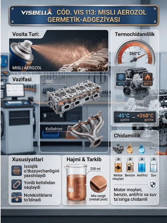 Visbella Copper Gasket misli germetik-spreyi, prokladkalar uchun aerozol yelimi, 250 ml