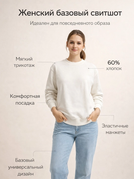 Женский базовый свитшот, хлопковый, оверсайз с длинным рукавом - 