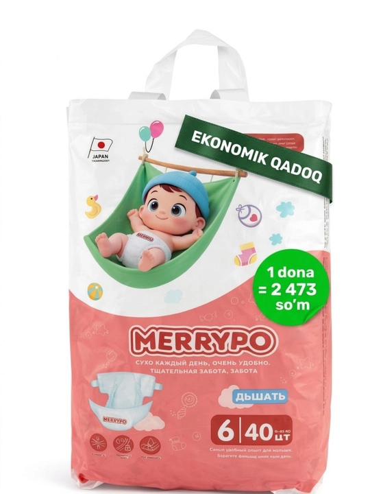MERRYPO bolalar tagliklari, pampers, gigant qadoq, 1-2-3-4-5-6 o'lchamlar, ekonomik paket