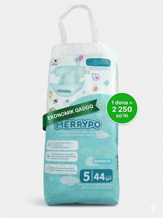 MERRYPO bolalar tagliklari, pampers, gigant qadoq, 1-2-3-4-5-6 o'lchamlar, ekonomik paket