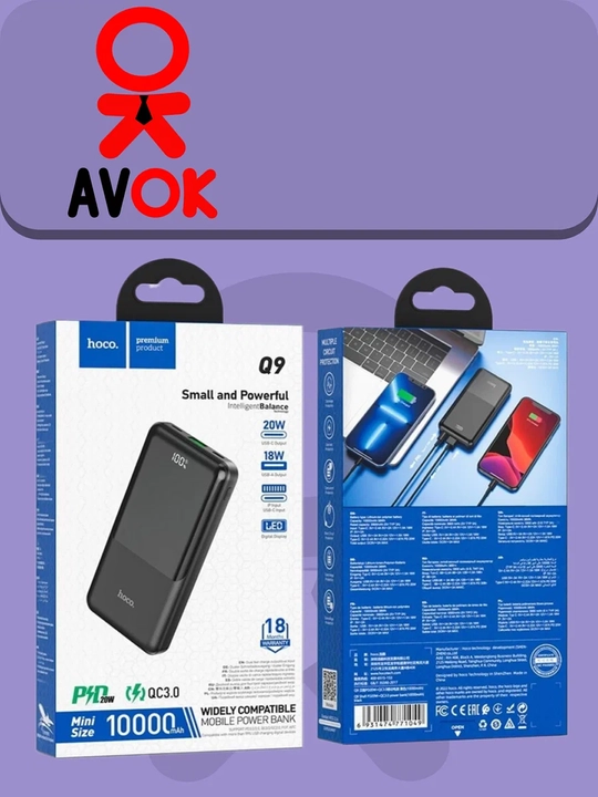 HOCO Q9 tashqi akkumulyatori, 10000 mA/soat, PD/QC 20 Vt, USB va Type-C, qora