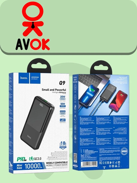 HOCO Q9 tashqi akkumulyatori, 10000 mA/soat, PD/QC 20 Vt, USB va Type-C, qora