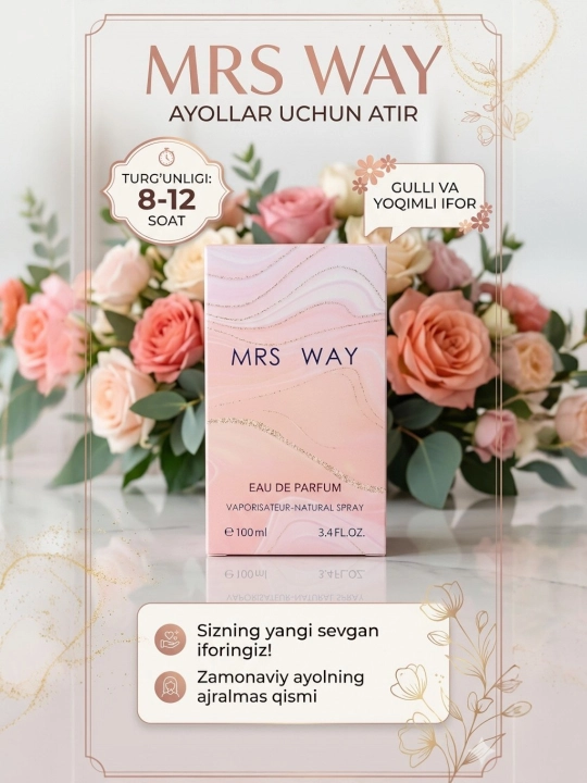 Mrs Way ayollar atiri. Ayollar atirlari. Atir 100 ml,atrlar ayollarga, pushti atir