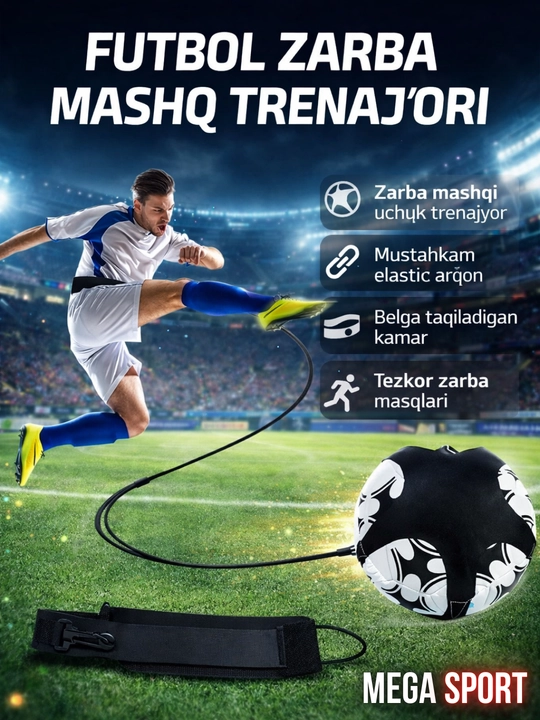 Futbol zarba mashqi trenajyori – elastik arqonli to‘p qaytaruvchi, bel kamari bilan - 