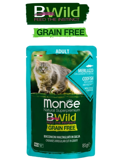 Bwild для кошек, с треской, с креветками и овощами, 85 г по 4 штуки