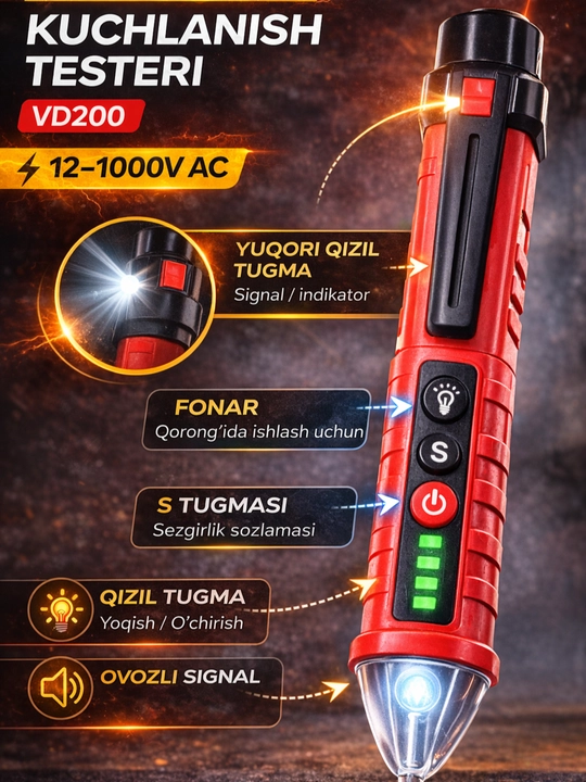 Kontaktsiz kuchlanish testeri 12-1000V AC, faza aniqlagich, ovoz va yorug‘lik indikatori, - 