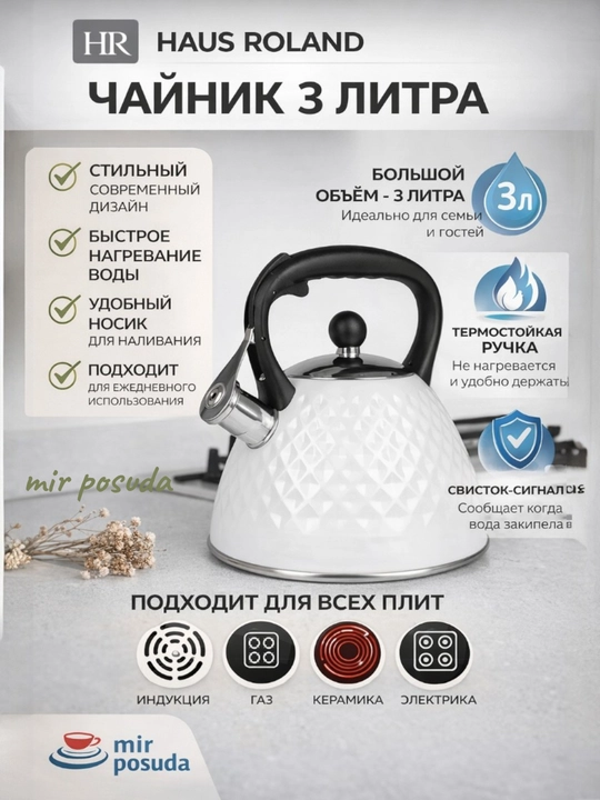 Katta Hajmli 3 L Hushtakli Choynak — Har Xil Plitalar Uchun Mos, Mat Sirt