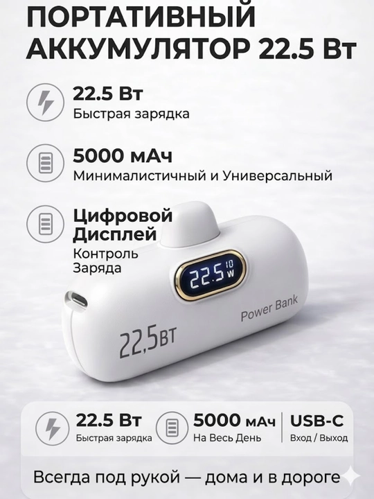 Powerbank kabel bilan va kabelsiz, 22.5W tezkor zaryadlash, 5000 mAh sig‘im, Type-C port - 