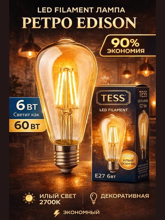 Лампа, Светодиодная, LED, Filament, ST64 E27,6W2700K Жёлтый свет, TESS ретро Edison винтаж - 