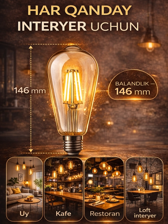 LED, lampa, filament, ST64 E27 6W 2700K - Sariq rang, TESS retro Edison dekorativ