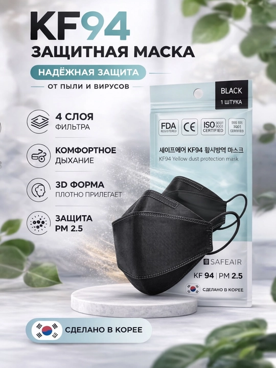 Защитная маска KF94 — 4 слоя фильтра, защита PM2.5, производство Корея - 