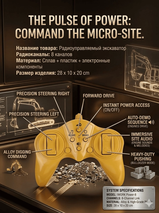 Радиоуправляемый экскаватор  – металлический ковш, LED-подсветка, музыка, 28 см