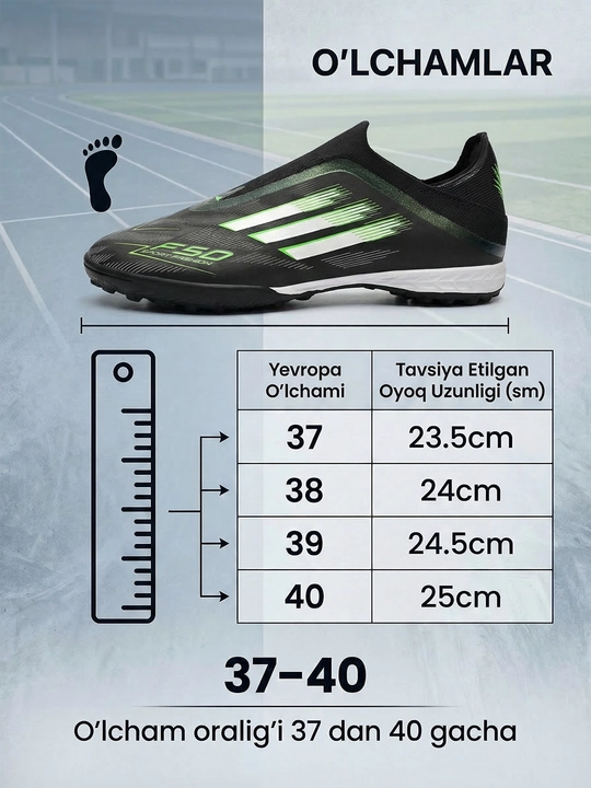 Futbol butsalari F50 sorokonojka TF sun’iy maysazor uchun, 37–40 o’lchamlar