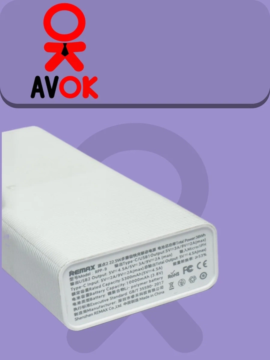 Remax RPP-9 tashqi batareyasi, 10000 mA/soat, 2×USB, Micro USB/Type-C/Lightning, oq