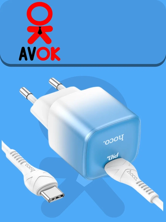 Tarmoq zaryadlash qurilmasi C101A, PD20W, Type-C, EU shtekeri, oq-ko‘k, 1 m kabel bilan