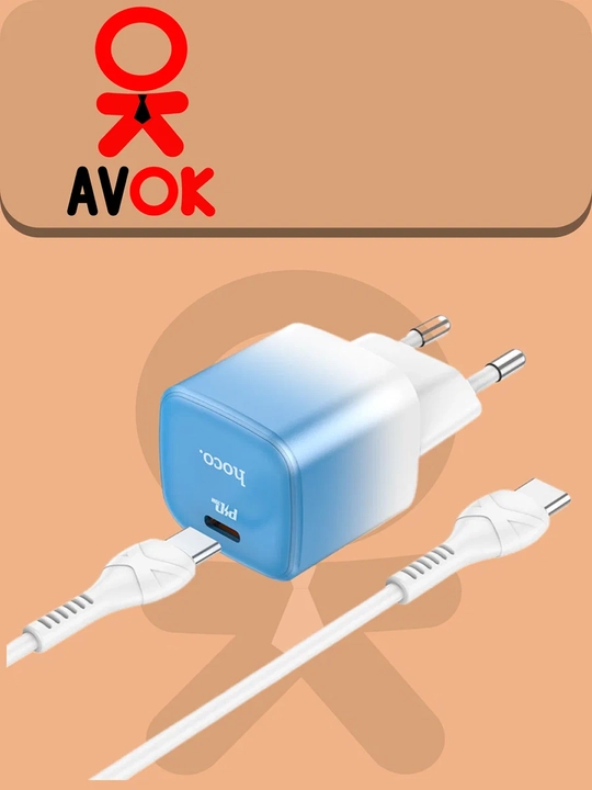 Tarmoq zaryadlash qurilmasi C101A, PD20W, Type-C, EU shtekeri, oq-ko‘k, 1 m kabel bilan