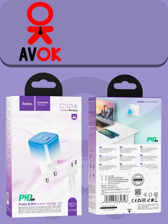 Tarmoq zaryadlash qurilmasi C101A, PD20W, Type-C, EU shtekeri, oq-ko‘k, 1 m kabel bilan