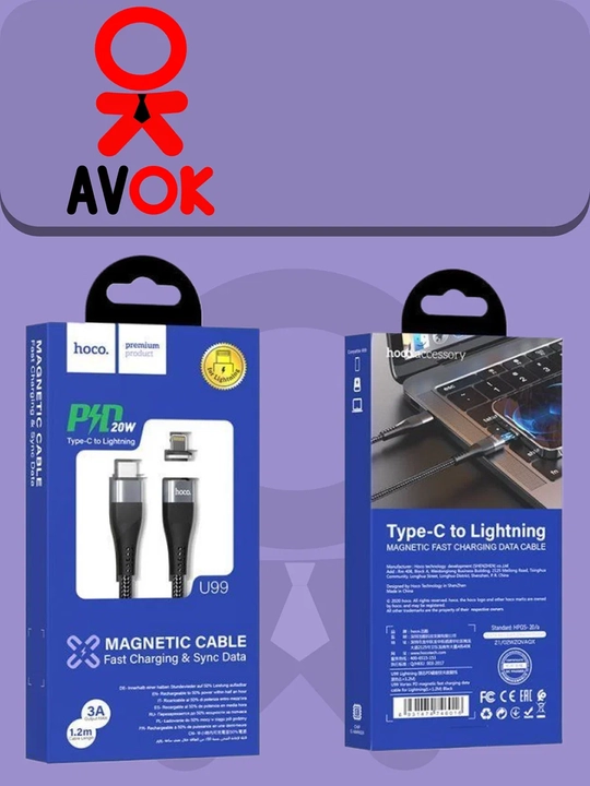 Lightning Hoco U99 Type-C magnit kabeli, PD 20W quvvatlash, neylon qoplamali