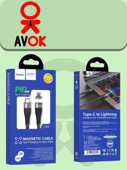 Lightning Hoco U99 Type-C magnit kabeli, PD 20W quvvatlash, neylon qoplamali