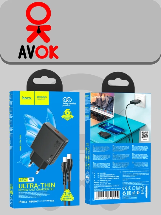 N37 Delgado tarmoq zaryadlash moslamasi, PD20W, Type-C, EU shtekeri, qora, 1 m kabel bilan