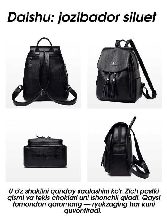 Ayollar ryukzagi DAISHU, shahar, ish va o‘qish uchun, A4, tabiiy charm (spilok)