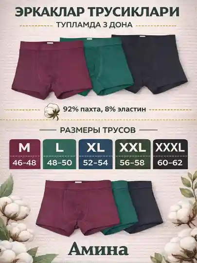 Ichki kiyim, erkaklar uchun trusiklar, 100% paxtali ichki kiyim, to'plamda 3 dona — XXXL / Бордовый