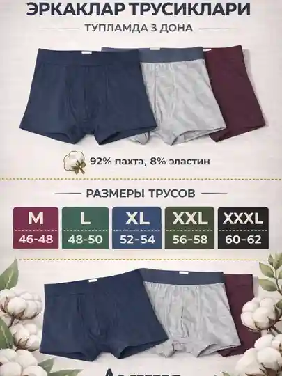 Ichki kiyim, erkaklar uchun trusiklar, 100% paxtali ichki kiyim, to'plamda 3 dona — XXXL / Серый
