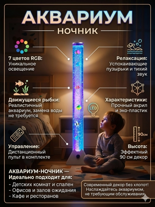 Аквариум-ночник с рыбками 90 см – LED лампа с пузырьками, светильник с пультом - 