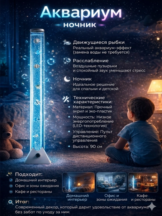 Аквариум-ночник с рыбками 90 см – LED лампа с пузырьками, светильник с пультом