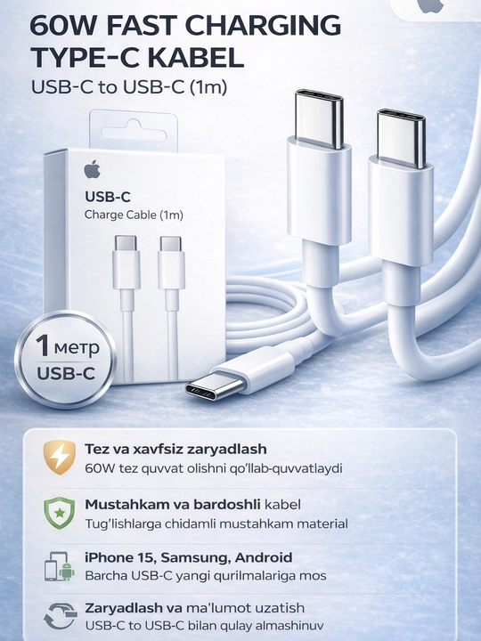 USB-C Type-C kabel 1m, 60W Charging, iPhone, Samsung, Android uchun zaryadlash kabeli - 