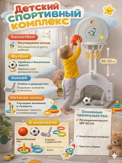 Детский спортивный комплекс 4 в 1 — баскетбол, футбол, хоккей, кольцеброс , игровой набор