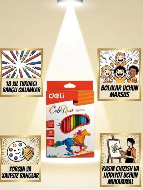Deli ColoRun 12 rangli qalamlar to‘plami – bolalar va maktab uchun rangli qalam