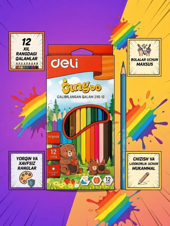 Deli ColoRun 12 rangli qalamlar to‘plami – bolalar va maktab uchun rangli qalam