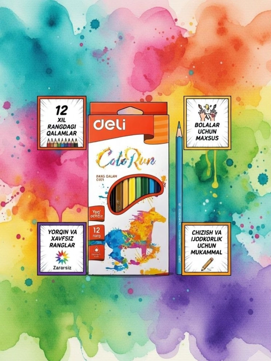 Deli ColoRun 12 rangli qalamlar to‘plami – bolalar va maktab uchun rangli qalam