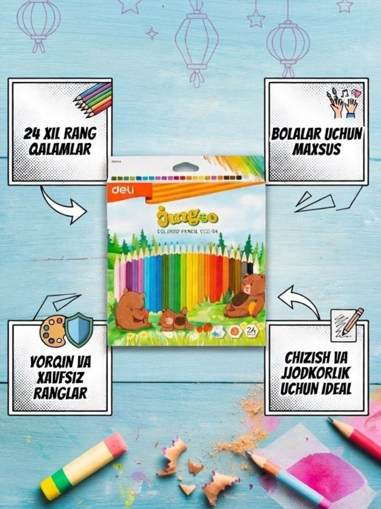 Deli ColoRun 12 rangli qalamlar to‘plami – bolalar va maktab uchun rangli qalam