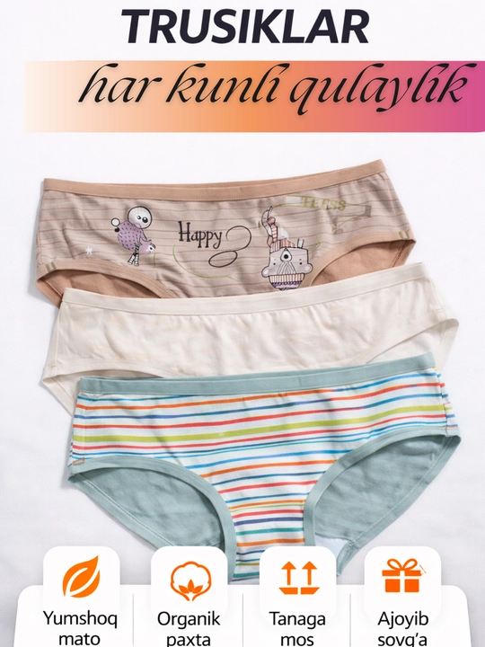 Ayollar uchun slip ichki kiyimlari, har bir kun uchun  3 dona tasodifiy yorug‘lik