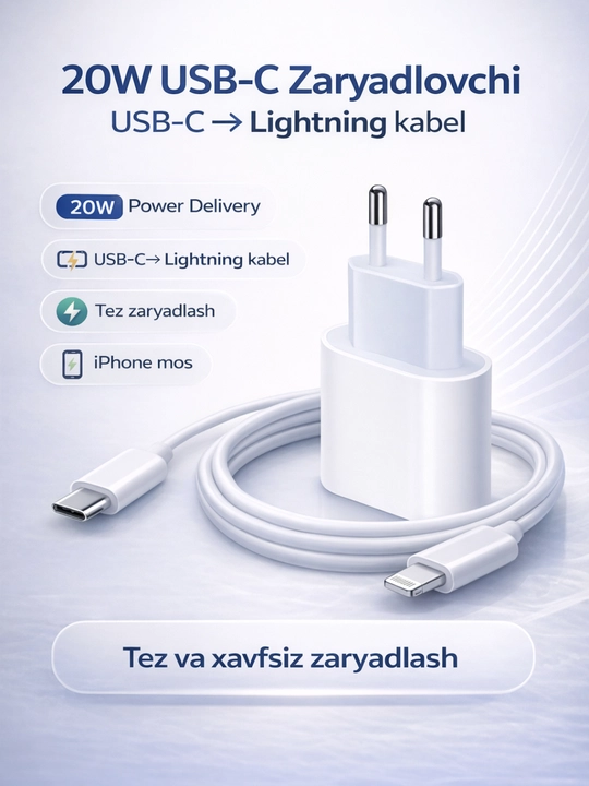 IPhone uchun 20W tezkor zaryadlovchi adapter USB-C dan Lightning kabel bilan