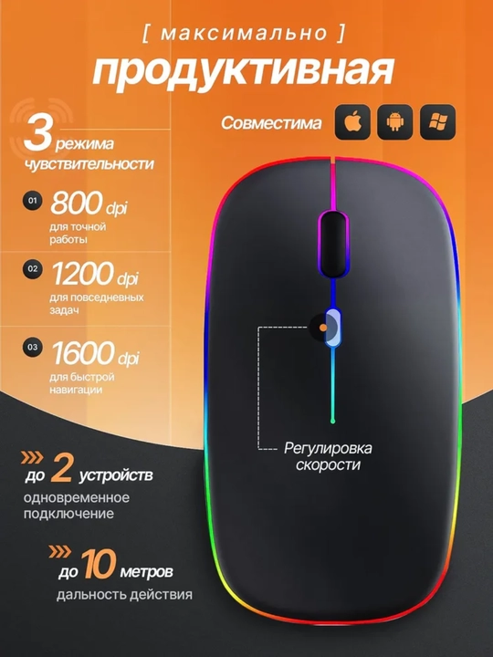RGB yoritgichli simsiz kompyuter sichqonchasi, Bluetooth va USB, 1600 DPI