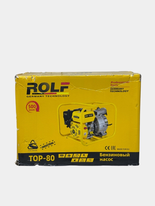 Мотопомпа бензиновая ROLF 7 л.с.: напор 26 м, поток 50 м³/ч и диаметр 80 мм (TOP-80)