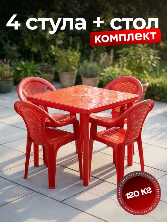 Пластиковый стол со стульями – комплект 4 стула + стол для сада, дачи и террасы - 